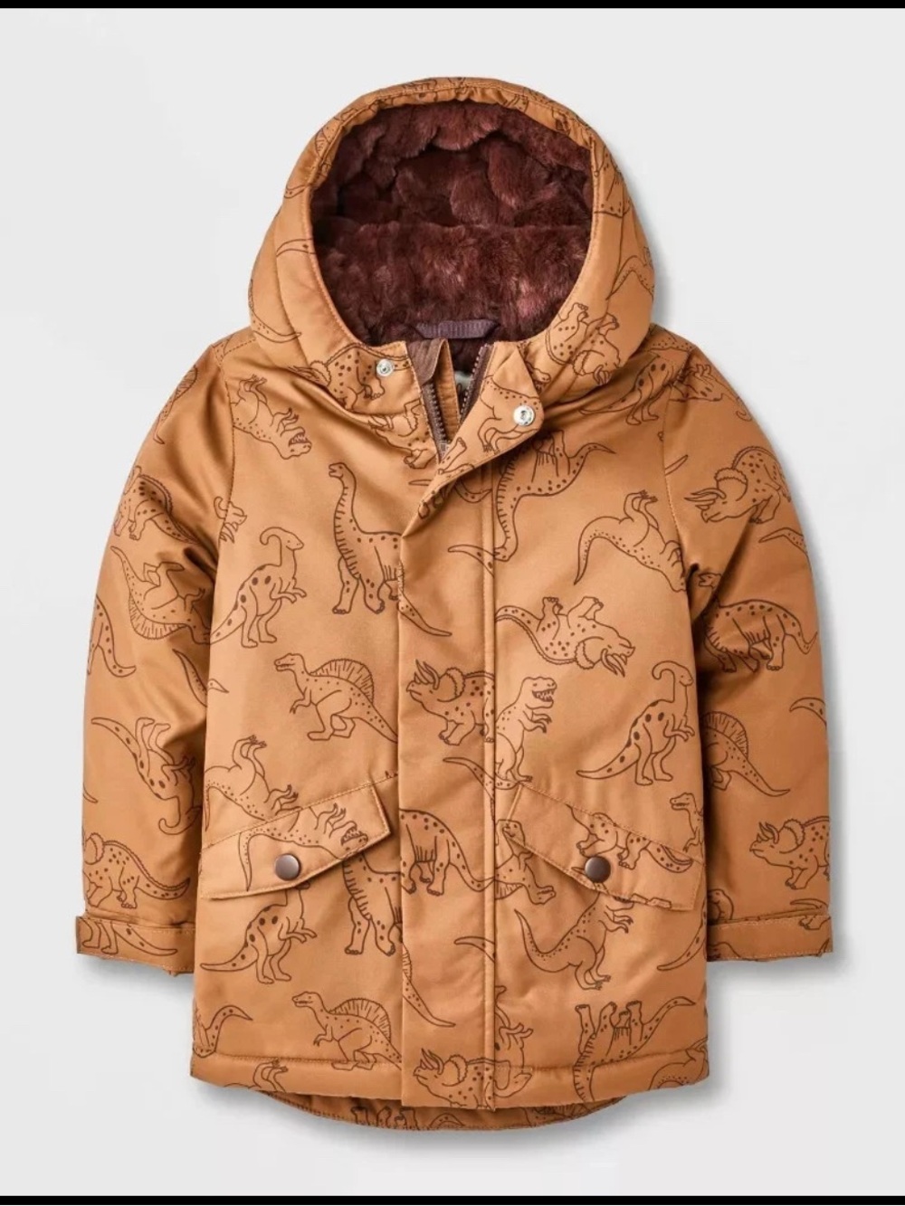 Cat & Jack Brown Dino-Print Hooded Puffer Jacket